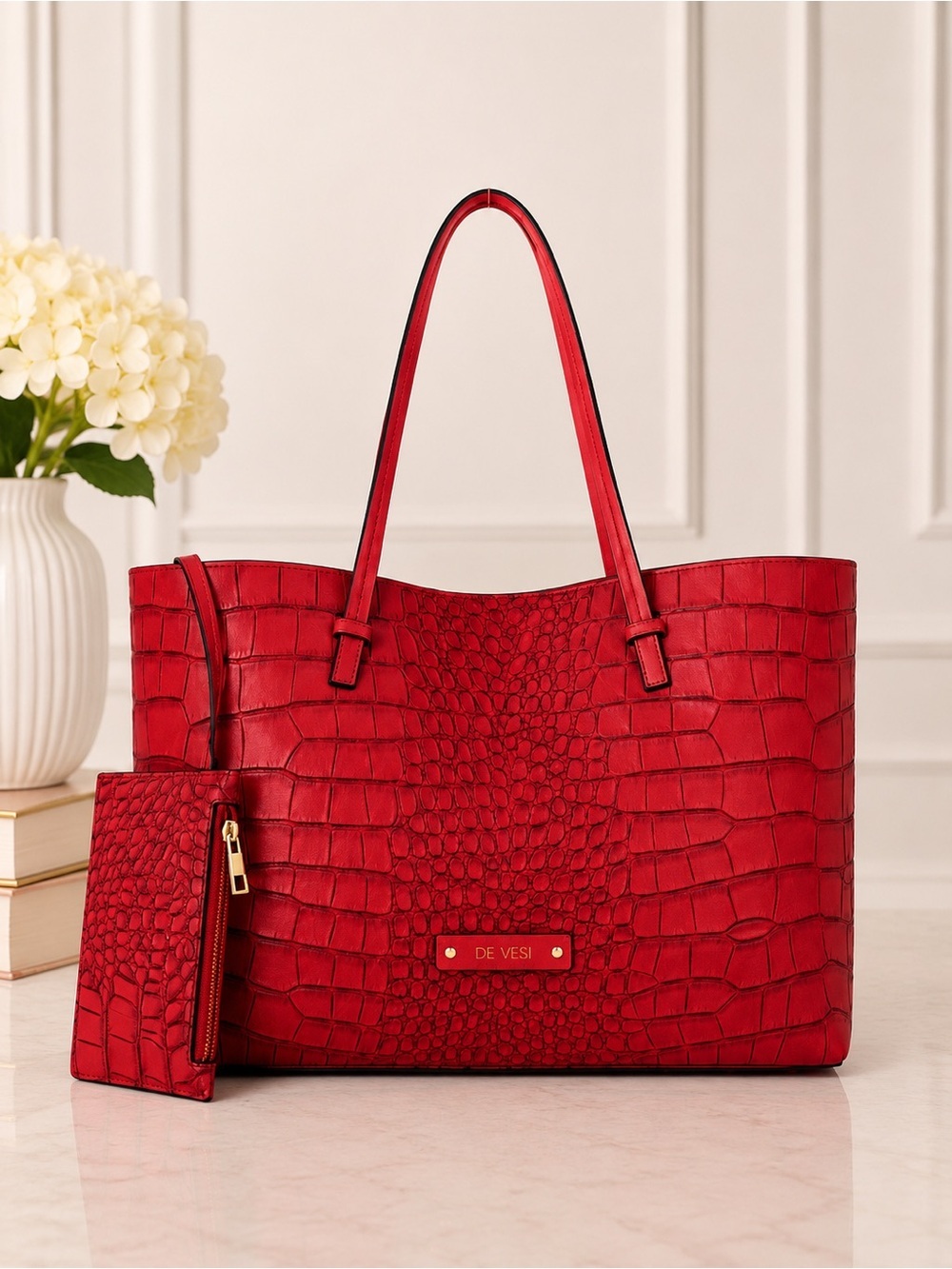 De Vesi De L’Amour Red Croc Embossed Leather Tote Shoulder Bag Large Work Purse